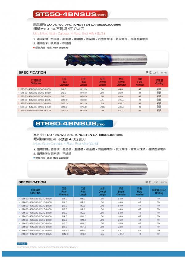 鎢鋼銑刀系列-ST550/ST660